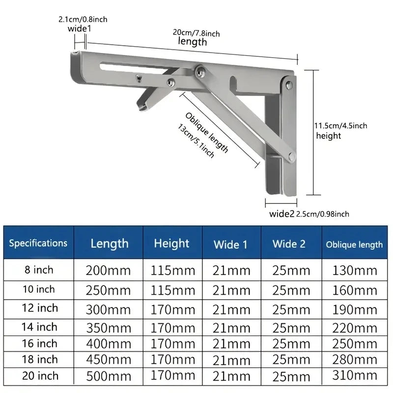 2 piece Heavy Duty Folding Shelf Brackets - 8, 10 & 12 - Wall Mounted for Bench Table with Screws