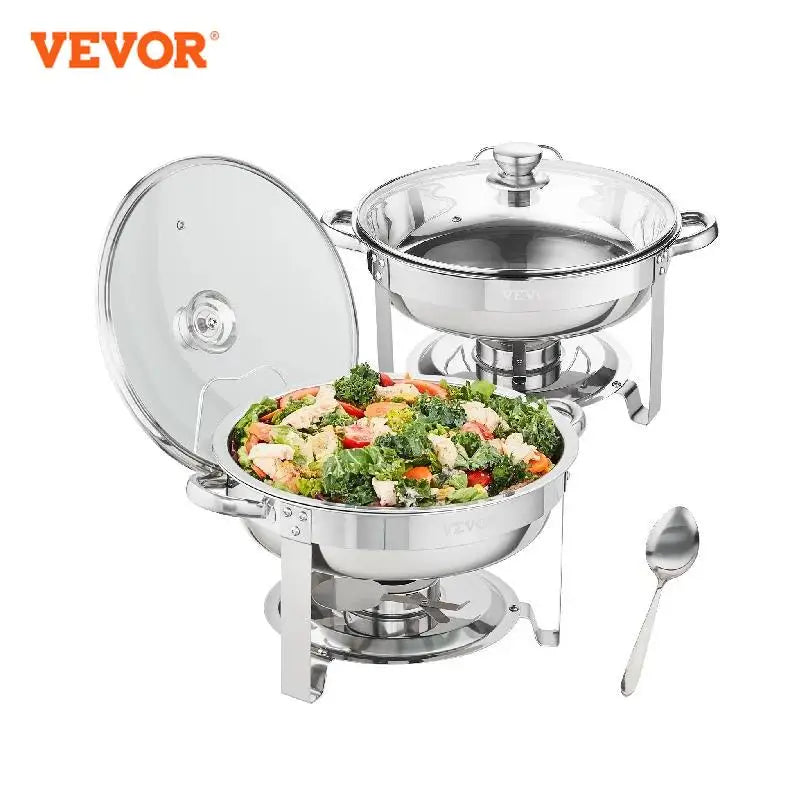 VEVOR 4QT 2-Pack ensemble de réchauds ronds en acier inoxydable Chafer de Buffet avec couvercle en verre de casserole pleine grandeur support de carburant chauffe-restauration