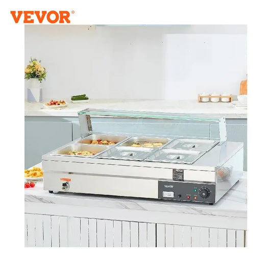 VEVOR Commercial Food Warmer with Tempered Glass Cover Electric Steam Table Countertop Stainless Steel for Catering Restaurants