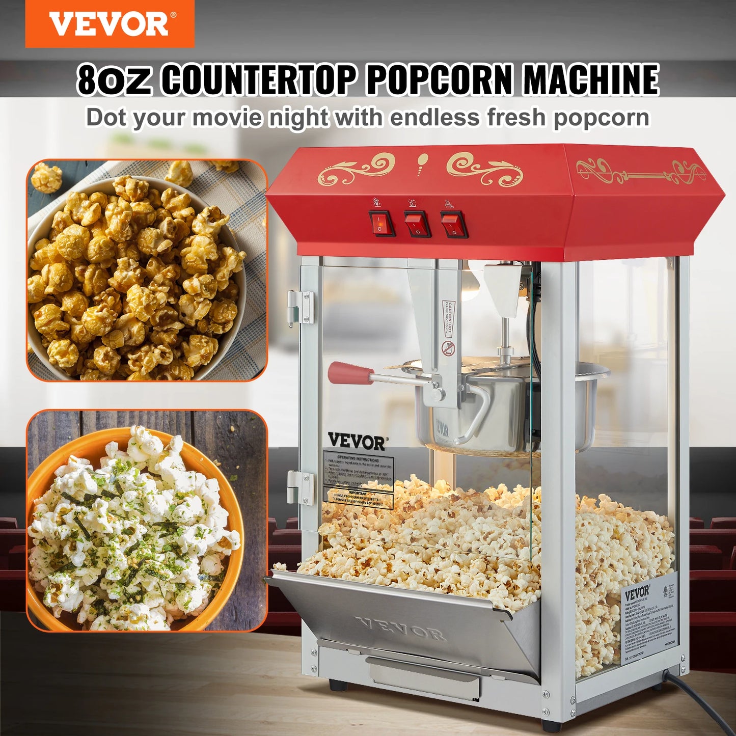 VEVOR-máquina eléctrica para hacer palomitas de maíz, máquina de palomitas de maíz comercial, utensilios de cocina automáticos con cuchara, tubo de calentamiento SUS304, 8/12Oz