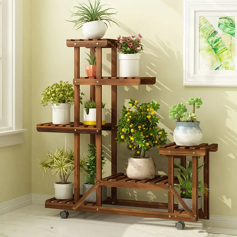 UNHO support de plante en bois avec roues multi-couche roulant plante fleur présentoir intérieur mobile stockage support étagères extérieur fo