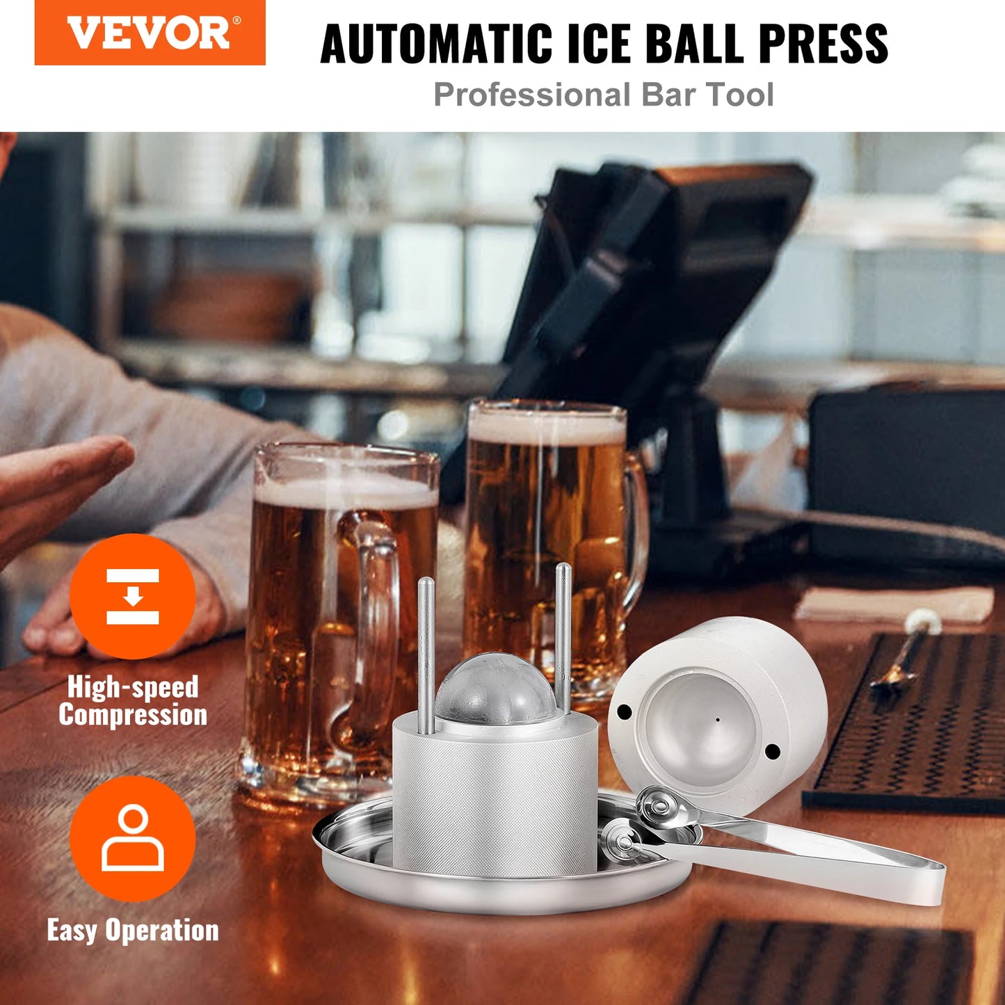 VEVOR 6cm Crystal Clear Ice Ball Press Maker Spherical Whiskey Tray Mould Bubble-Free Ice Cube Making Mold for Bar Restaurant