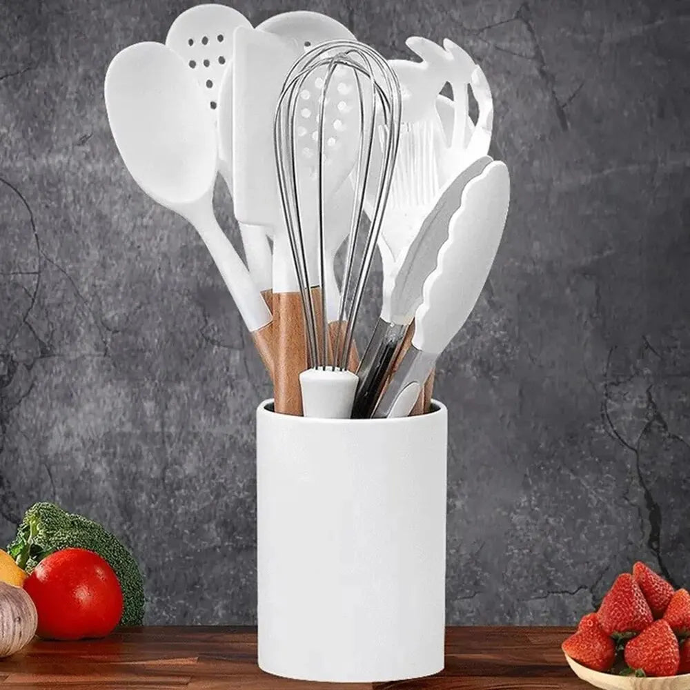 11PCS High Quality Wooden Handle Home Kitchen Appliances Silicone Kitchen Utensils Set With with Holder for Storage