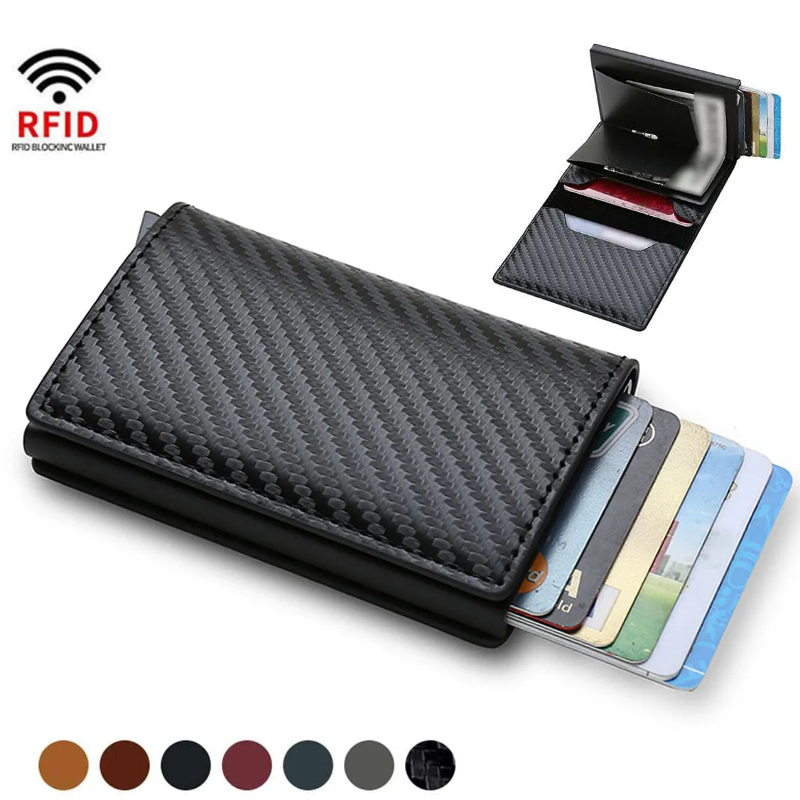 Cartera delgada de aluminio de fibra de carbono para hombre, portatarjetas de identificación, Mini billetera RFID, caja para tarjetas bancarias emergente automática, Vallet negro 2023