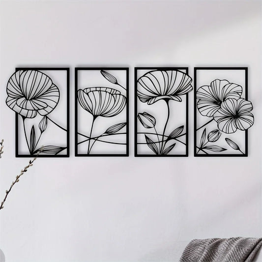 CIFBUY Decoración De Pared De Flor De Loto De Metal De 4 Piezas, Arte De Línea De Empalme Estético Floral Abstracto, para Decoración Interior Y Exterior del Hogar