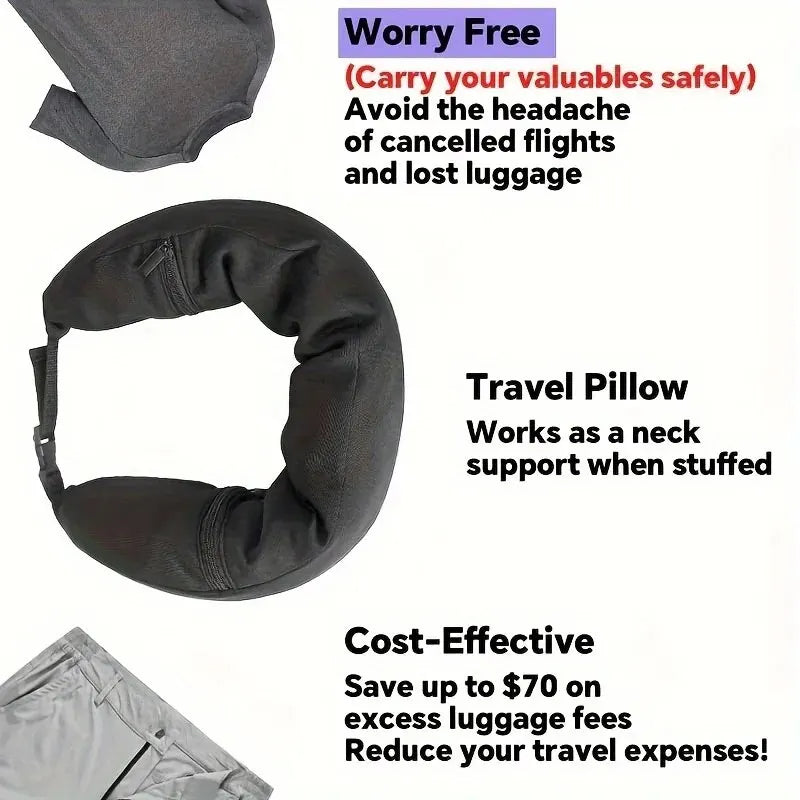 1 almohada de viaje para el cuello con ropa, almohada de viaje para el cuello 3 en 1 para evitar cargos adicionales por equipaje, elementos esenciales de viaje