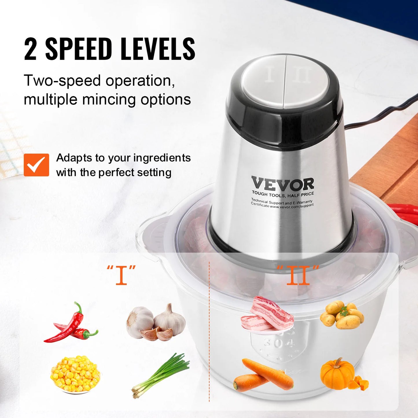 VEVOR-procesador de alimentos, picadora de carne eléctrica con cuchillas de acero inoxidable de 4 alas, tazón de acero inoxidable de 8 tazas para comida de bebé