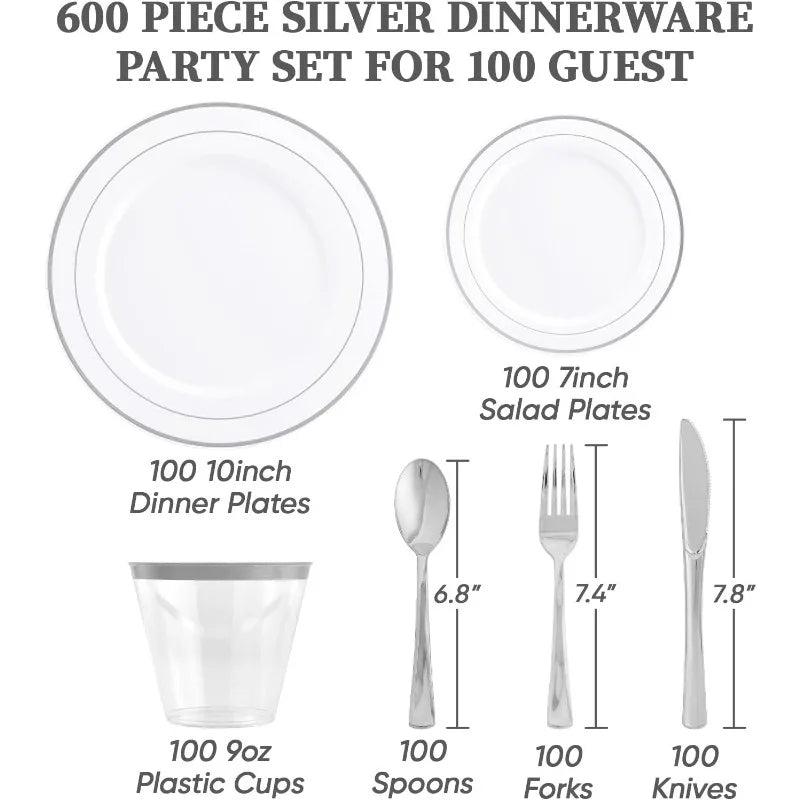 600pcs Dinnerware Set for 100 Guests, Silver Rimmed Plastic Plates Disposable, Dinner Plates, Dessert Plates, Cups