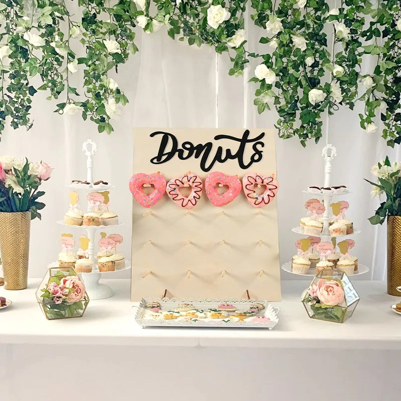 Decoración de boda, soporte de madera para Donuts, soporte de pared para postre, mesa de Donuts, suministros de boda, fiesta de cumpleaños para niños, Baby Shower