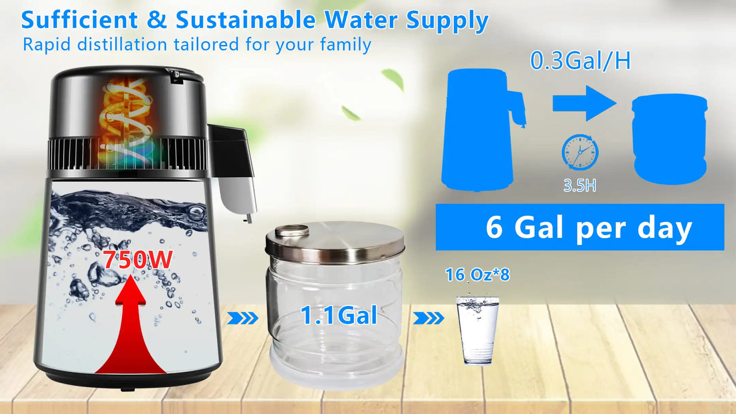 Destilador de agua de 750W y 4L, máquina de agua pura destilada para el hogar, filtro purificador de destilación, filtro de agua de acero inoxidable