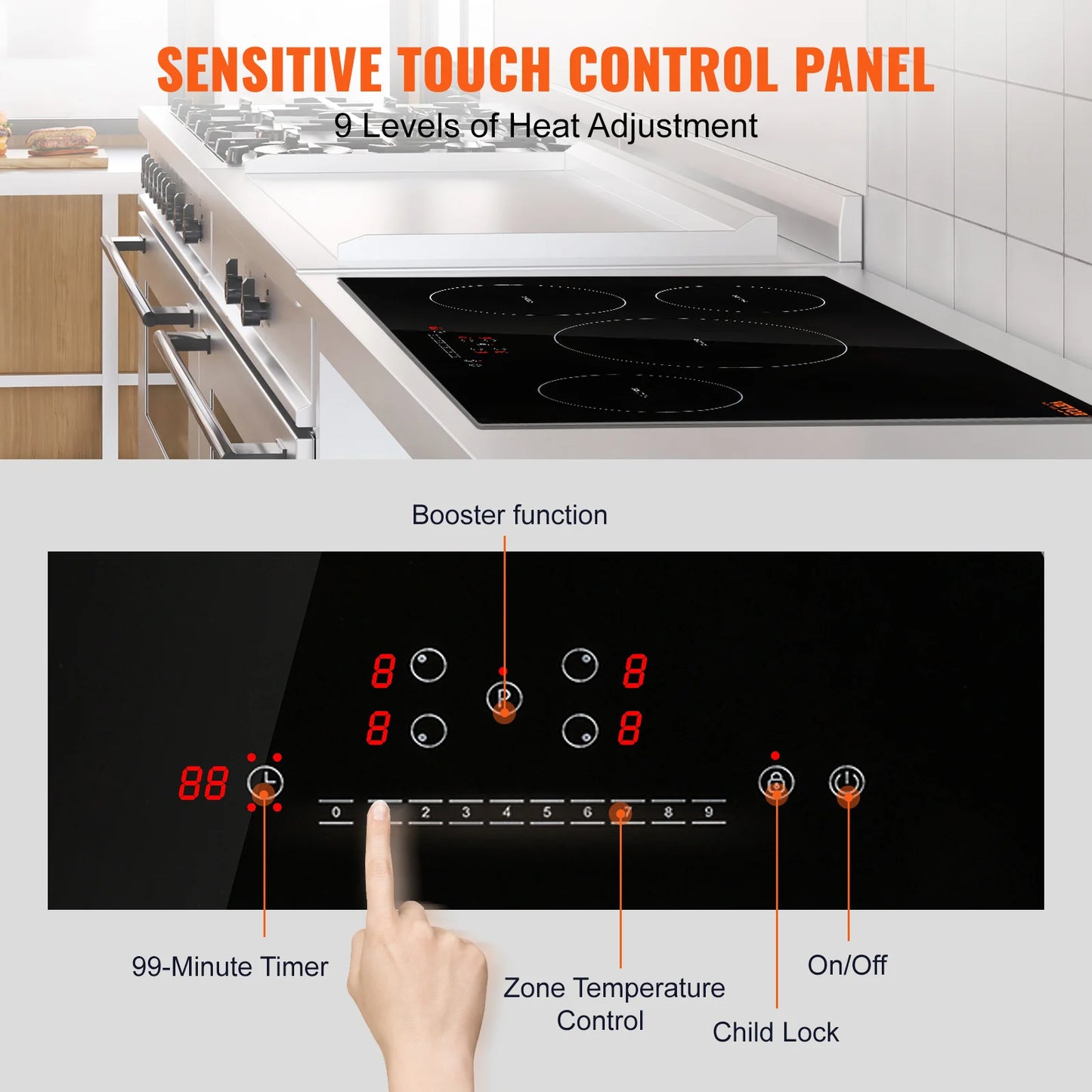 VEVOR 4 brûleurs 30 ''plaque de cuisson électrique plaque de cuisson à Induction plaque de cuisson magnétique intégrée avec brûleur à écran tactile à 9 niveaux de chauffage