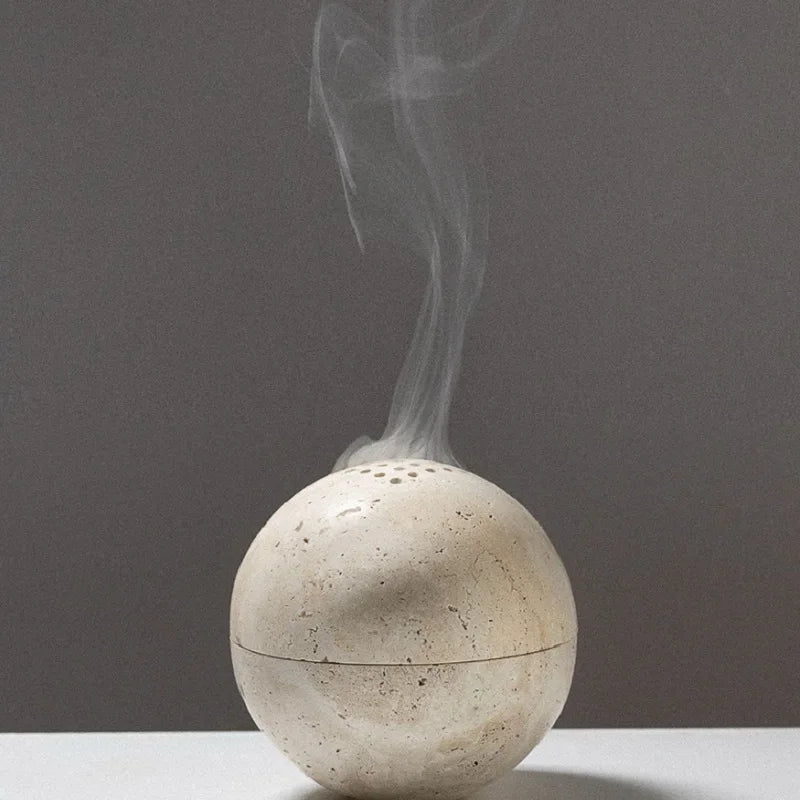 Wabi-sabi Style Beige Natural Marble Incense Burner Religious Round Decorative Incense Diffuser Home Decoration Stones Crafts