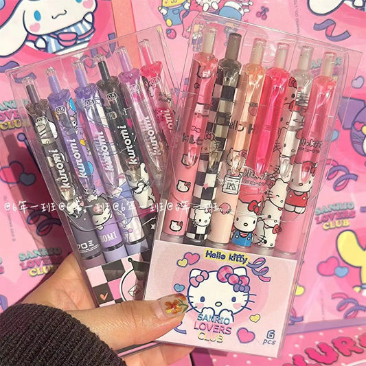 6 uds bolígrafo de Gel Sanrio Hello Kitty dibujos animados Kuromi ST secado rápido negro 0,5mm presione el bolígrafo regalos de papelería de aprendizaje