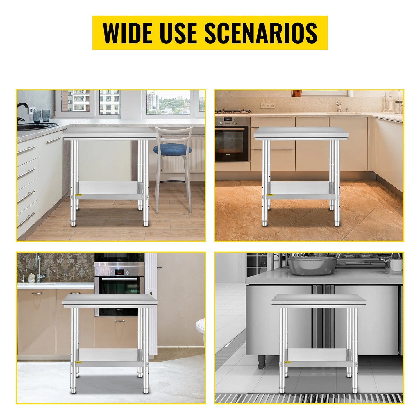 VEVOR – banc de travail de cuisine, Table de restauration commerciale avec étagère inférieure en acier inoxydable, 330LBS 286LBS, pour Restaurant et Garage