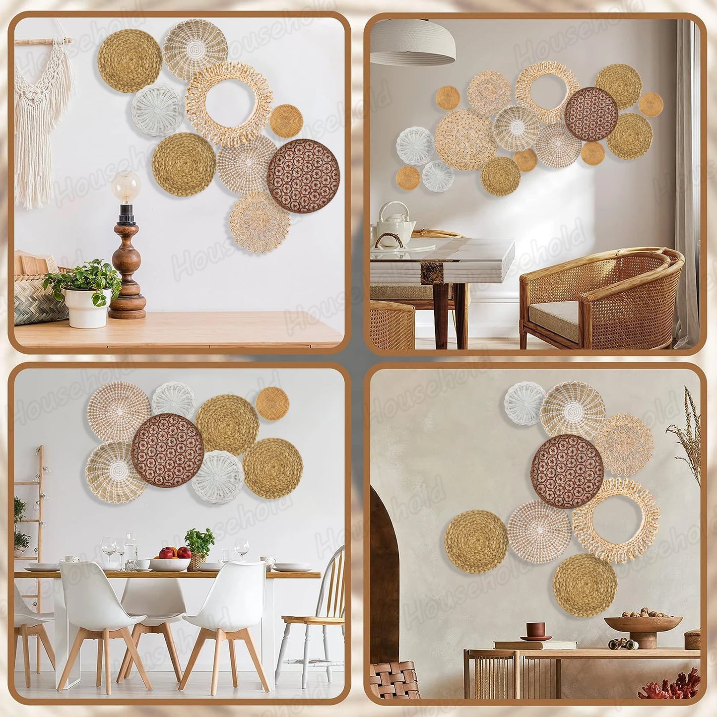 Set of 16 Hanging Woven Baskets Boho Handmade Wall Decor Round Rattan Straw Seagrass Baskets for Living Room/Kitchen/Bedroom