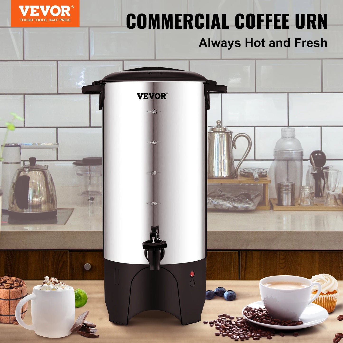 VEVOR – urne à café commerciale 50 tasses, grand distributeur de café en acier inoxydable, cafetière électrique 1000W pour un brassage rapide