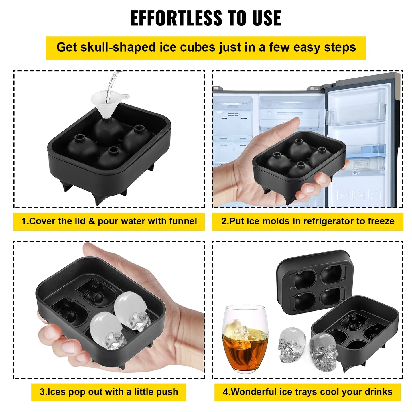 VEVOR Ice Cube Maker Black Silicone 4/6 Grid 3D Skull Shape Tray Home Party Bar Cool Whiskey Icy Beverage Ice Ball Mold DIY Tool