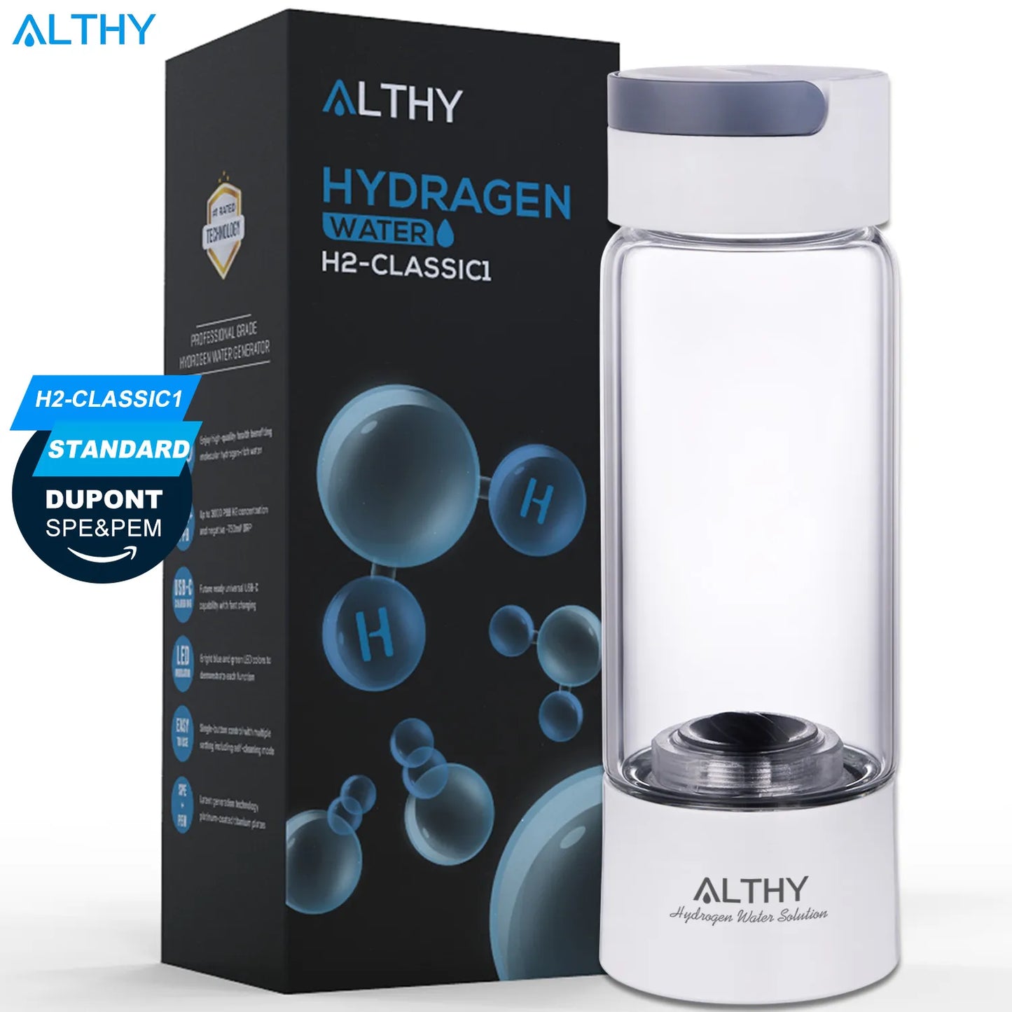 ALTHY – bouteille générateur d'eau riche en hydrogène moléculaire, corps en verre, loniseur à double chambre DuPont SPE PEM, dispositif d'inhalation H2