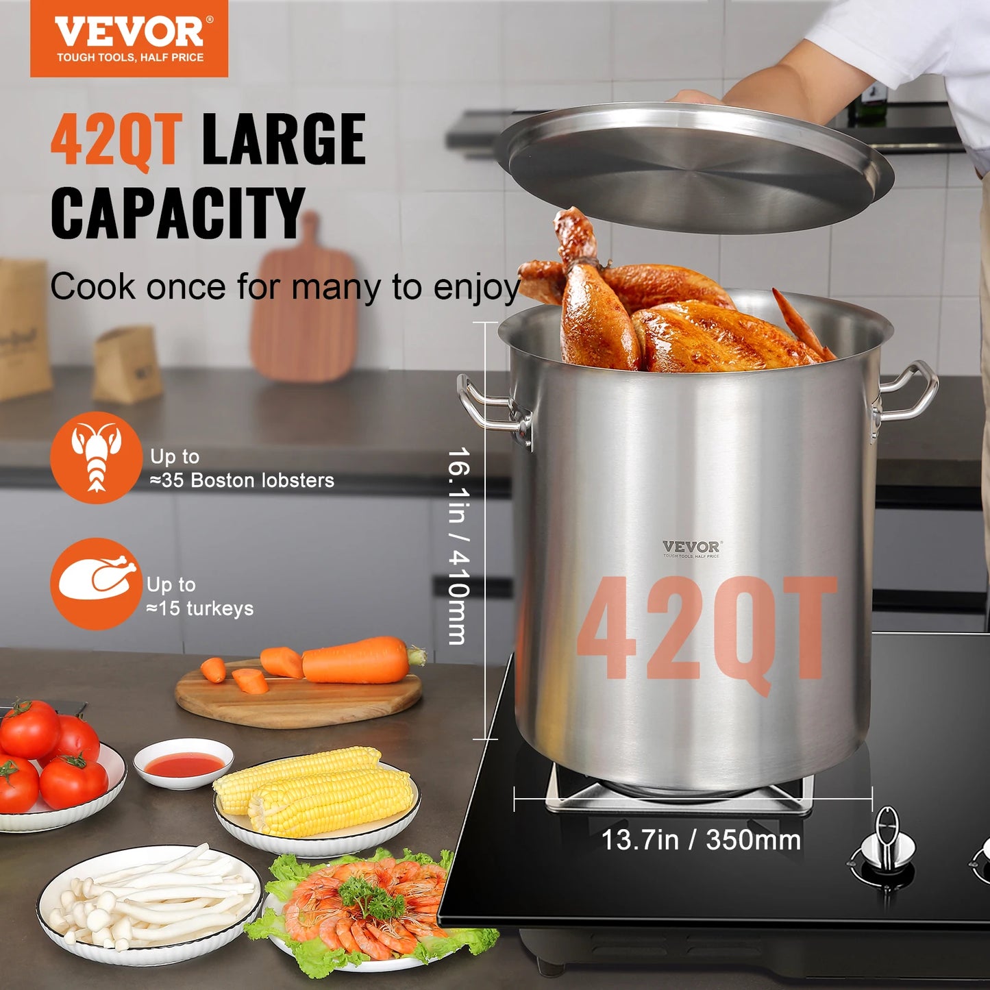 VEVOR 42 Quart Stainless Steel  Cookware Stockpot Commercial Cooking Pot Large Soup Pot Cookware Sauce Pot with Strainer Lid