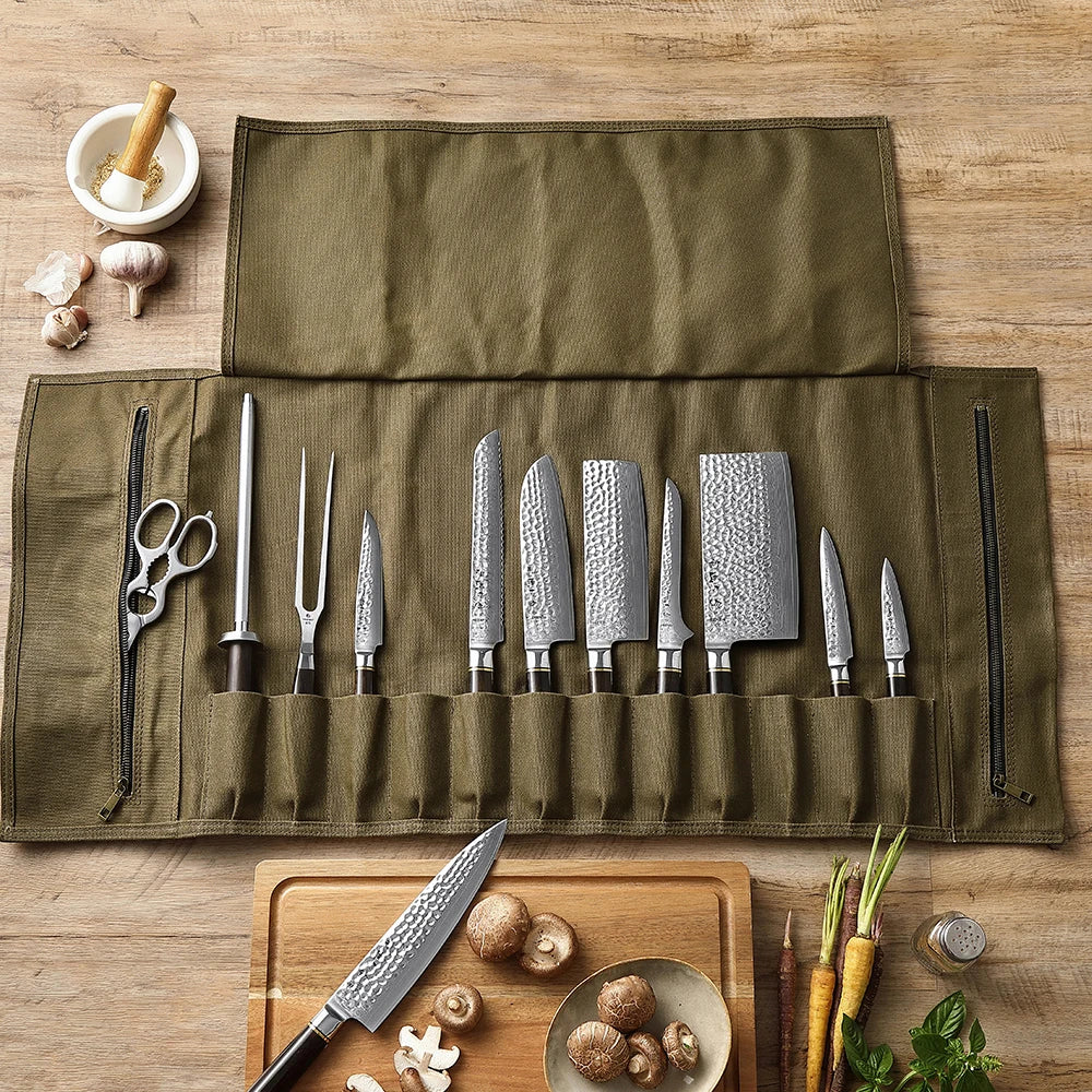 HEZHEN Chef Knife Bag Kitchen Accessories Kitchenware Knife Organizer Oil Wax Canvas Crazy Horse Lather Knife Roll Bag