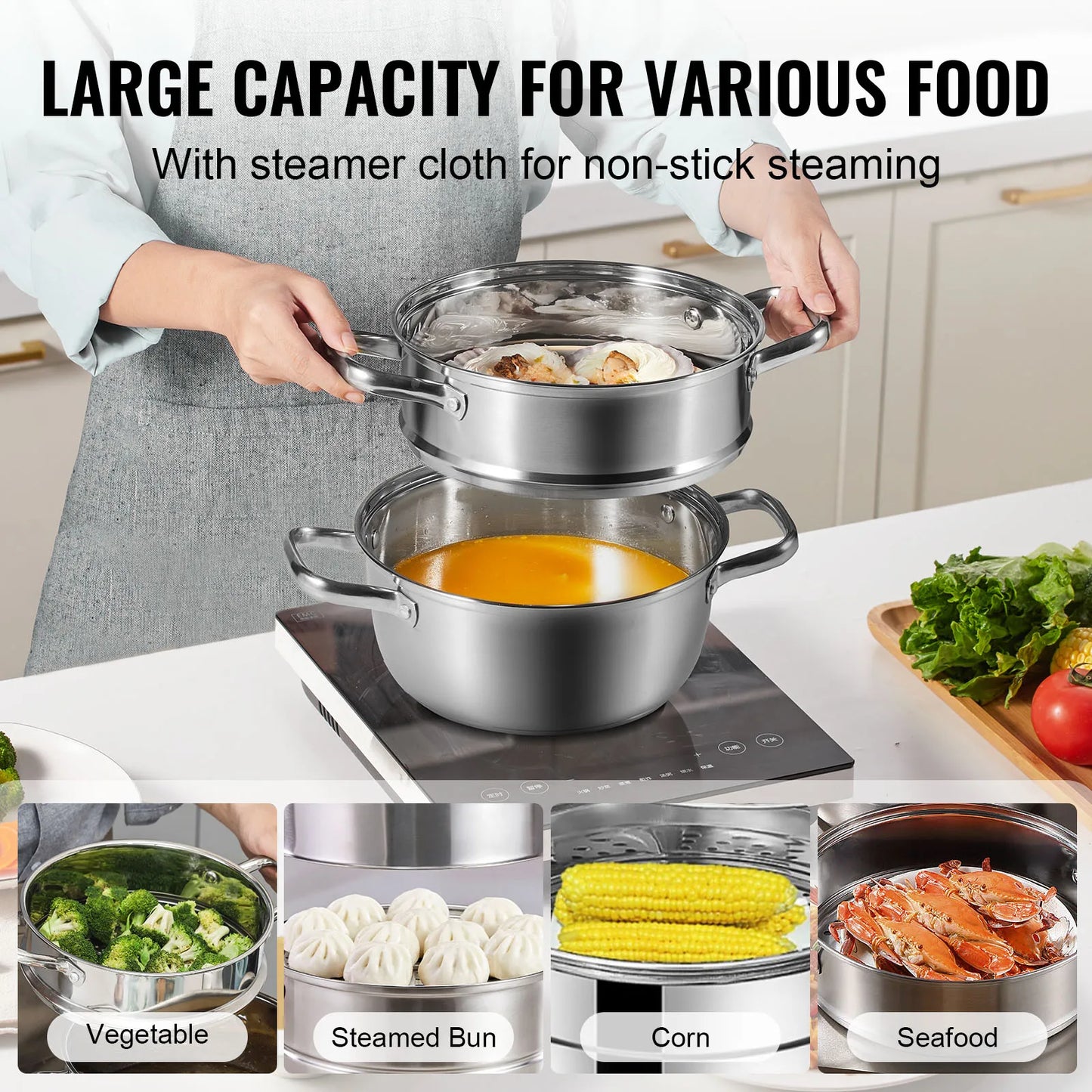 VEVOR Steamer Pot 9.5in/24cm Steamer Pot for Cooking with 5QT Stock Pot and Food-Grade 304 Stainless Steel Food Steamer