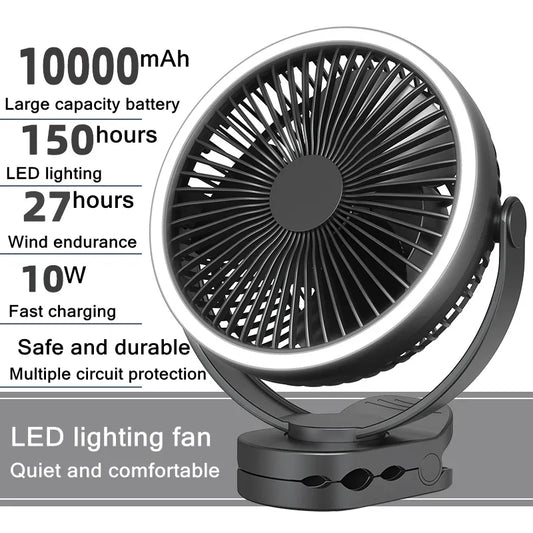 Mini Portable Electric Fan 10000mAh Battery USB Rechargeable Camping Ceiling Clip Fan With LED Table Lamp Air Cooling Ventilador