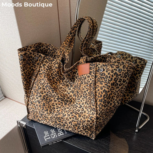 Oversized Leopard Prints Shoulder Bags For Women Deformable Canvas Large Capacity Shopping Totes 2023 Winter New Luxury Handbags