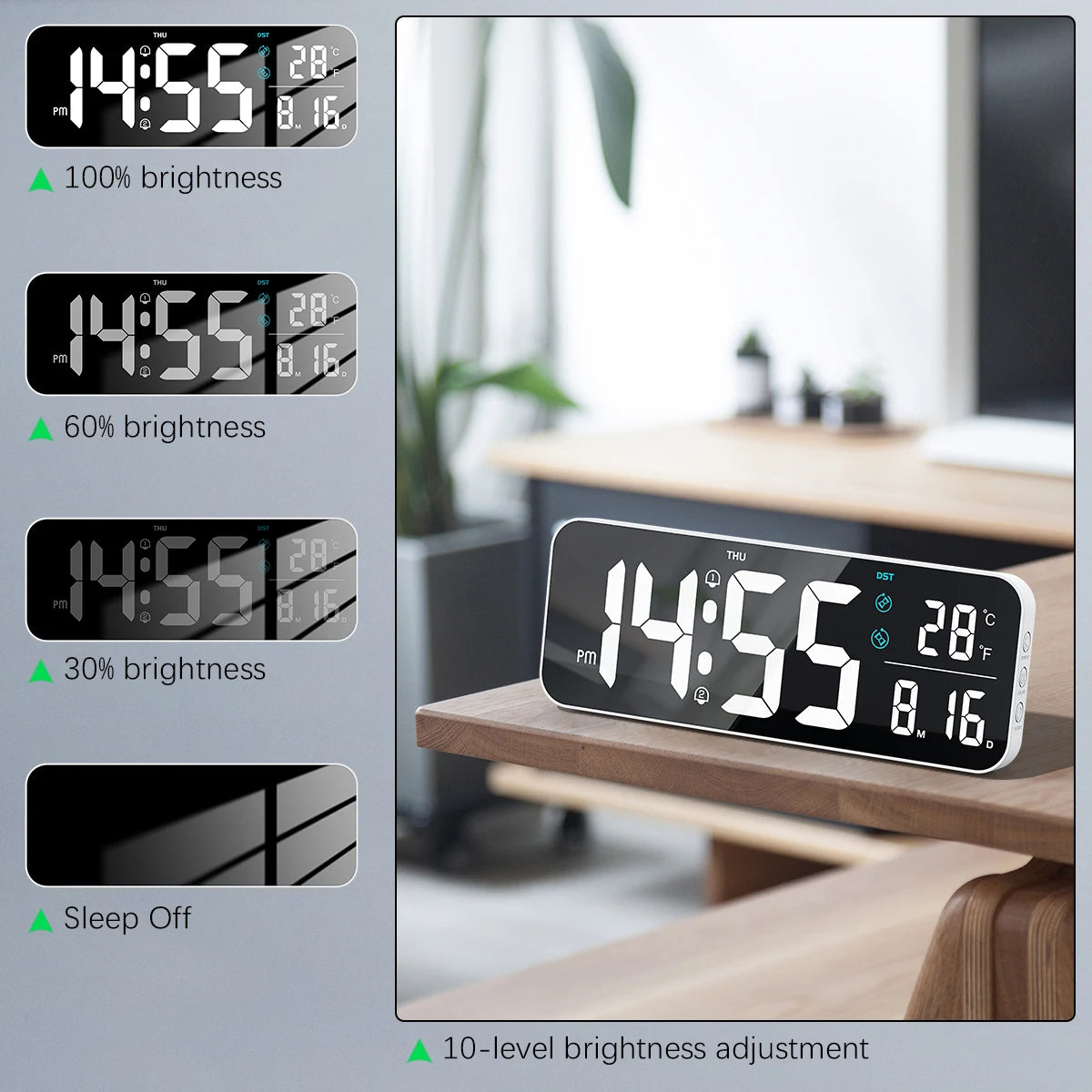 Deeyaple 15Inch Large Digital Wall Clock LED Table Clock 12/24H Date Temperature and Humidity Display Alarm Clock Remote Control