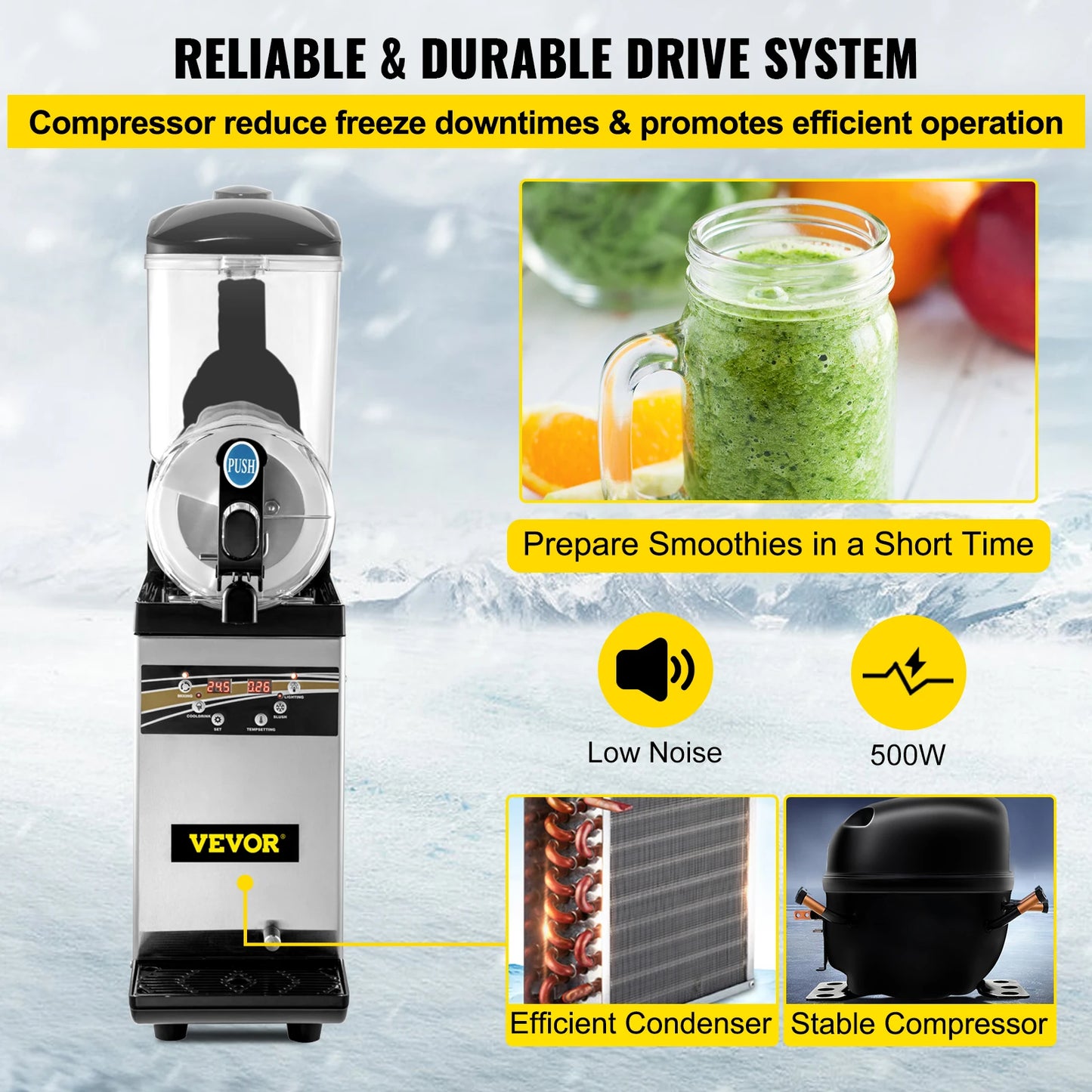 VEVOR 15L réservoir unique Machine à glace fondante crème glacée neige Smoothie boisson Granita fabricant en acier inoxydable pour les entreprises commerciales