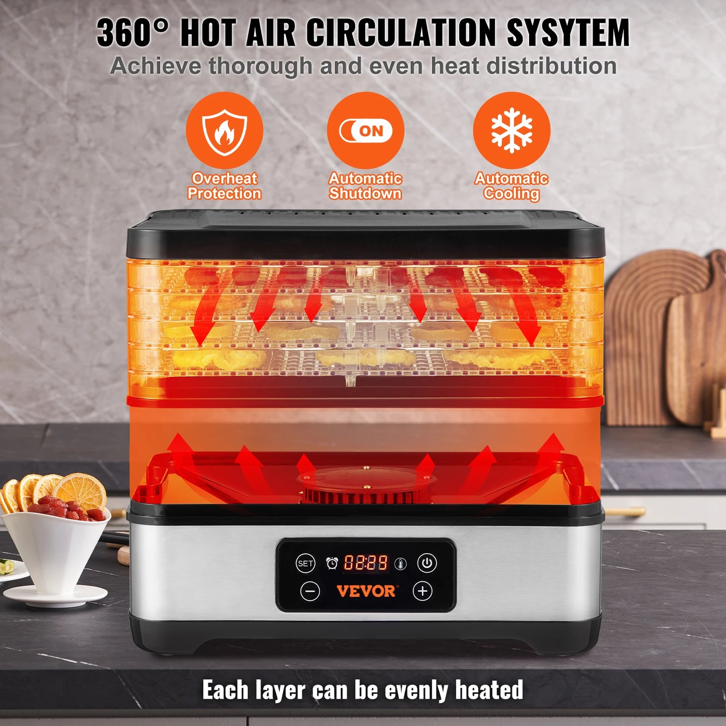 VEVOR 5 Tray Food Dehydrator Machine 300W Stainless Steel Electric Food Dryer w/ Digital Adjustable Timer & Temperature