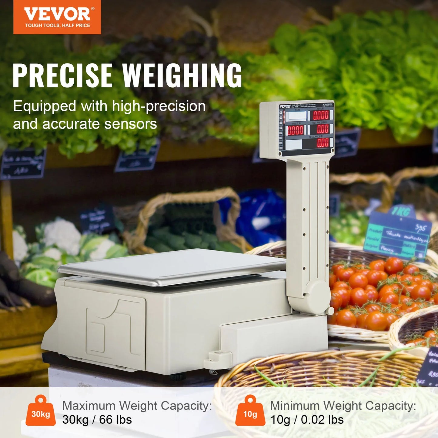 VEVOR Electronic Price Computing Scale 66 LB Digital Deli Weight Scales LCD & LED Digital Produce Counting Weight for Retail