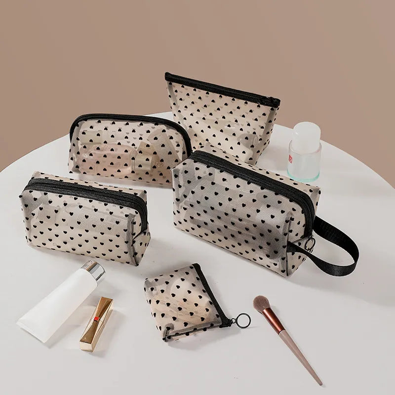 Bolsa de cosméticos de malla con estampado romántico, organizador de artículos de tocador portátil, bolsa de maquillaje, bolsa de almacenamiento de lápiz labial transparente multifunción, 1 ud.