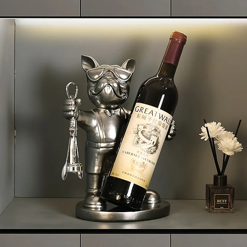 ERMAKOVA Bulldog Francés decoración estante de vinos soporte para vino perro mayordomo asiento para botella diseño estatua mesa decoración de resina escultura