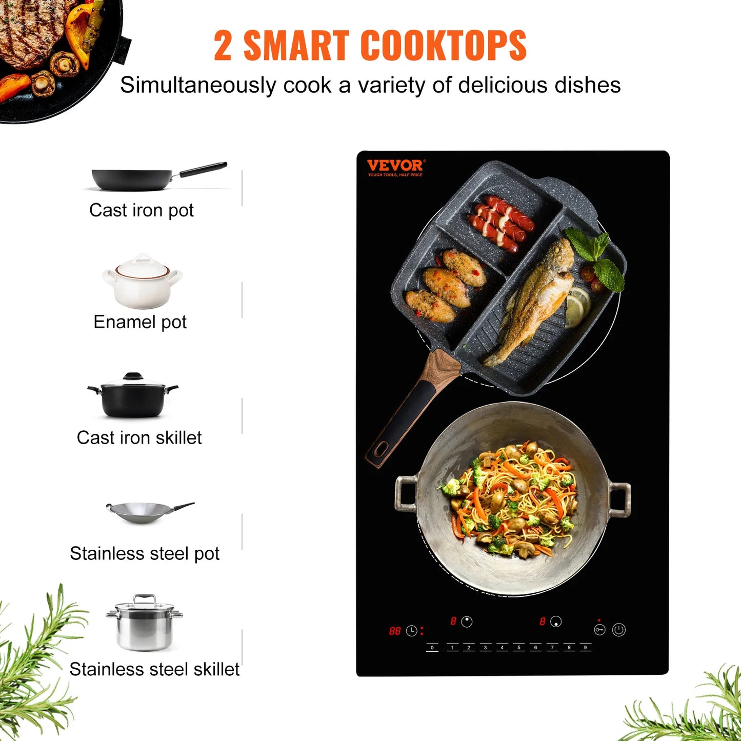 VEVOR 2 Burners Electric Induction Cooktop Stove Hob Built-in Burner Cooker Sensor Touch Control Magnetic Cooker Hot Plate