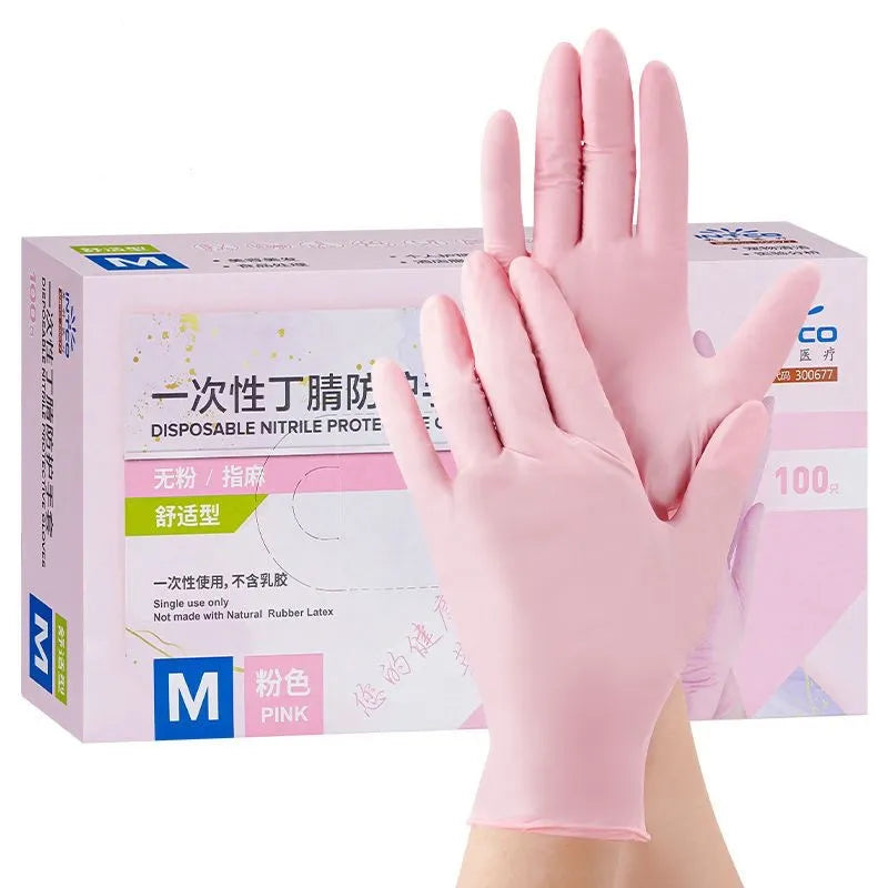 Guantes rosas desechables, paquete de 100, guantes de nitrilo en polvo, sin látex, no esterilizados, limpieza de alimentos, salón de belleza, cocina, guantes para el hogar