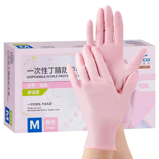 Guantes rosas desechables, paquete de 100, guantes de nitrilo en polvo, sin látex, no esterilizados, limpieza de alimentos, salón de belleza, cocina, guantes para el hogar