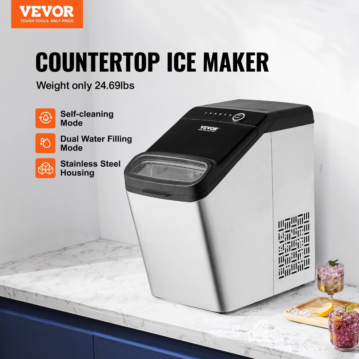 VEVOR Máquina de hielo para encimera, máquina de hielo portátil autolimpiante con cuchara y cesta para hielo, máquina de hielo con recarga de agua de 2 vías