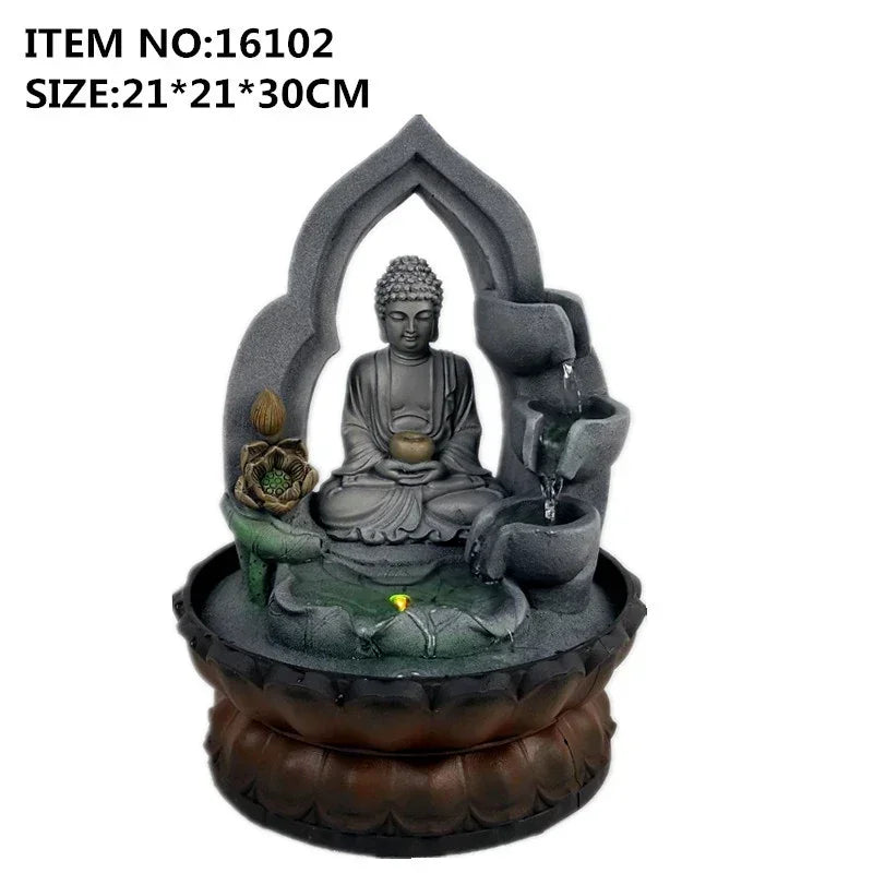 Indoor Air Humidifie Waterfall Fountain Office Tabletop Relaxation Fountain View with LED Light Lucky Feng Shui Buddha Statue