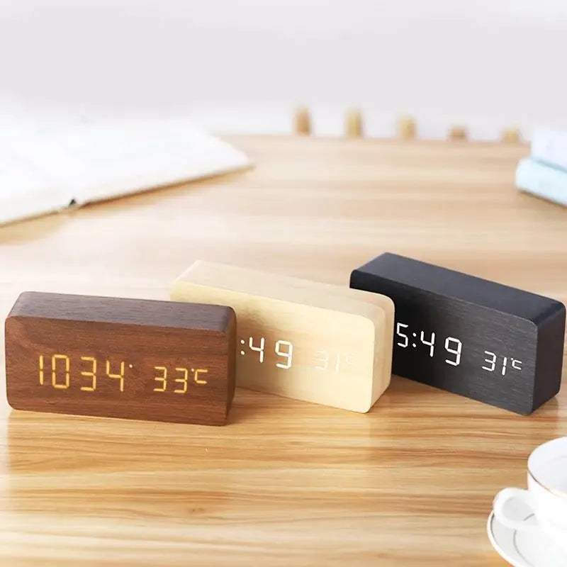 Despertador digital de madera, despertador LED con relojes de escritorio de temperatura para oficina, reloj de cabecera