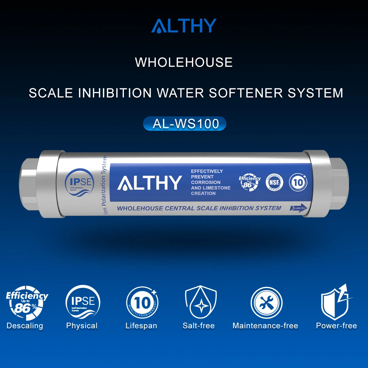 ALTHY AL-WS100 IPS Descalcificador de agua para toda la casa Sistema suavizante de inhibición de incrustaciones Máquina antical Corrosión y agua dura