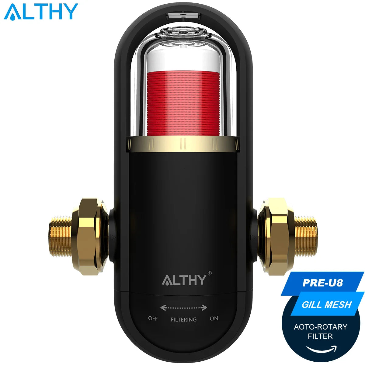 ALTHY PRE-U8 Bionic Gill + prefiltro de malla de acero inoxidable, purificador de filtro de agua de sedimentos giratorio para toda la casa, retrolavado