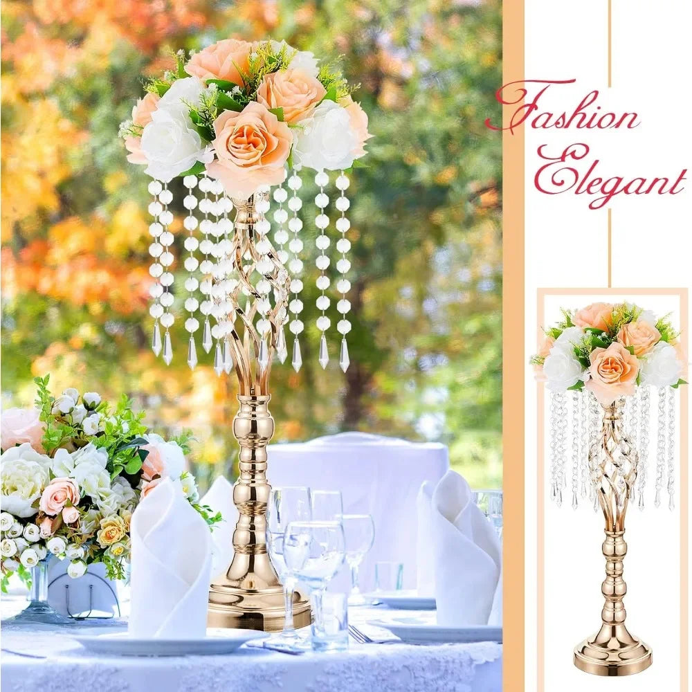 10 Pcs 21.7 Inches Gold Crystal Wedding Centerpieces for Tables With Metal Chandelier Holder Stand Home Decorations Vase Decor