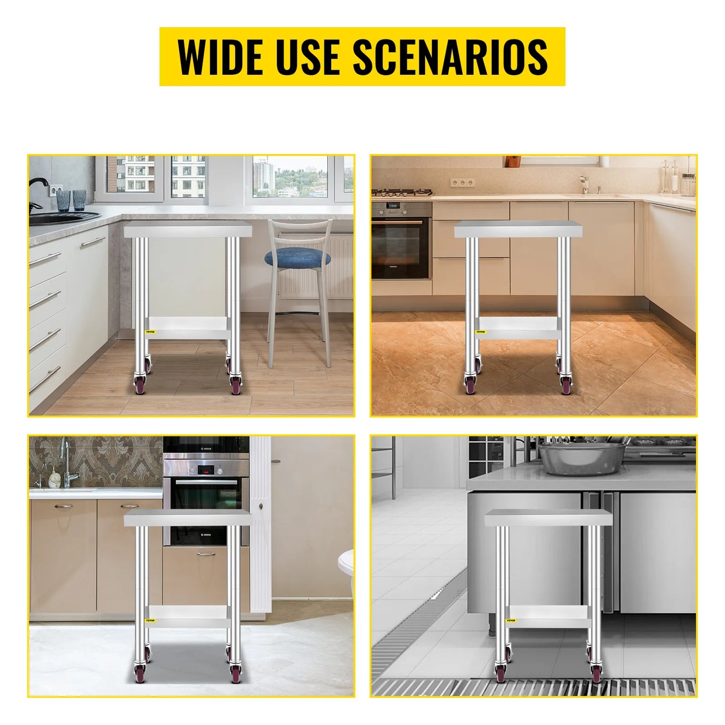 VEVOR – Table de travail de cuisine en acier inoxydable, étagères, banc de travail Commercial avec roulettes, pour le stockage à domicile et au Restaurant