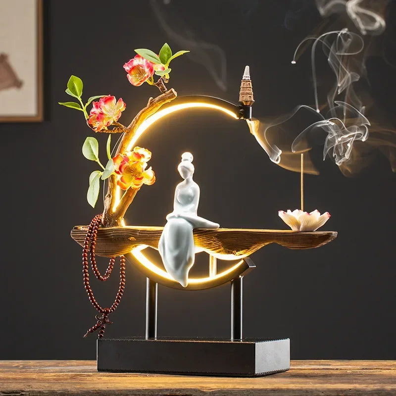 FY Chinese Style Backflow Incense Burner Plug-in LED Light with Iron Frame Incense Sticks Holder Big Size Home Decor Ornaments