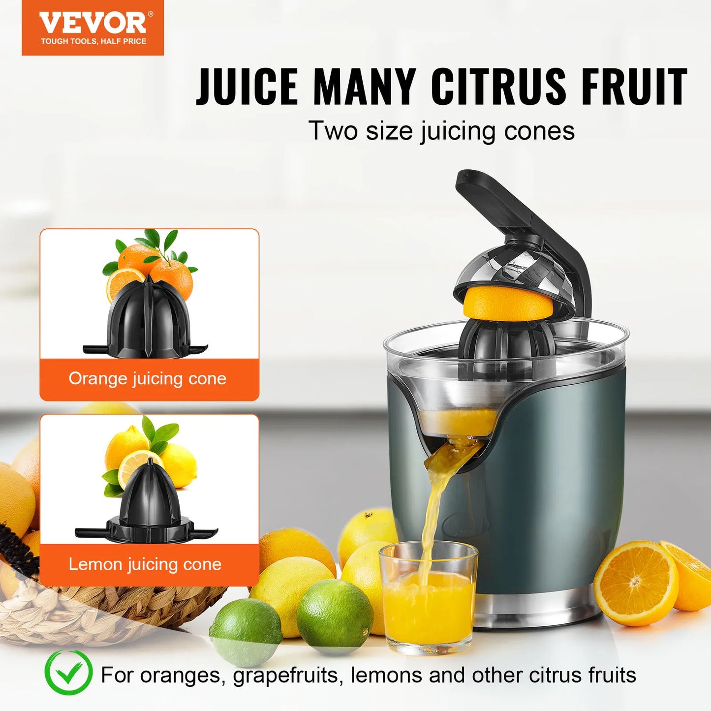 VEVOR Electric Citrus Juicer Orange Juice Squeezer with Two Size Juicing Cones 150W Stainless Steel Orange Juice Maker