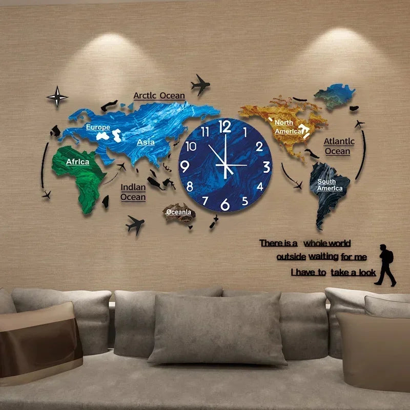 3D Wall Clock DIY Large Map Wall Clocks Moden Design Living Room Decoration Acrylic Digital Mute Watches Office Reloj De Pared