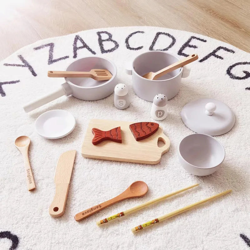 Baby Wooden Simulation Sound and Light Induction Kitchen Stove Small Cooker Pot and Dish Playhouse Tableware Cooking Set Play