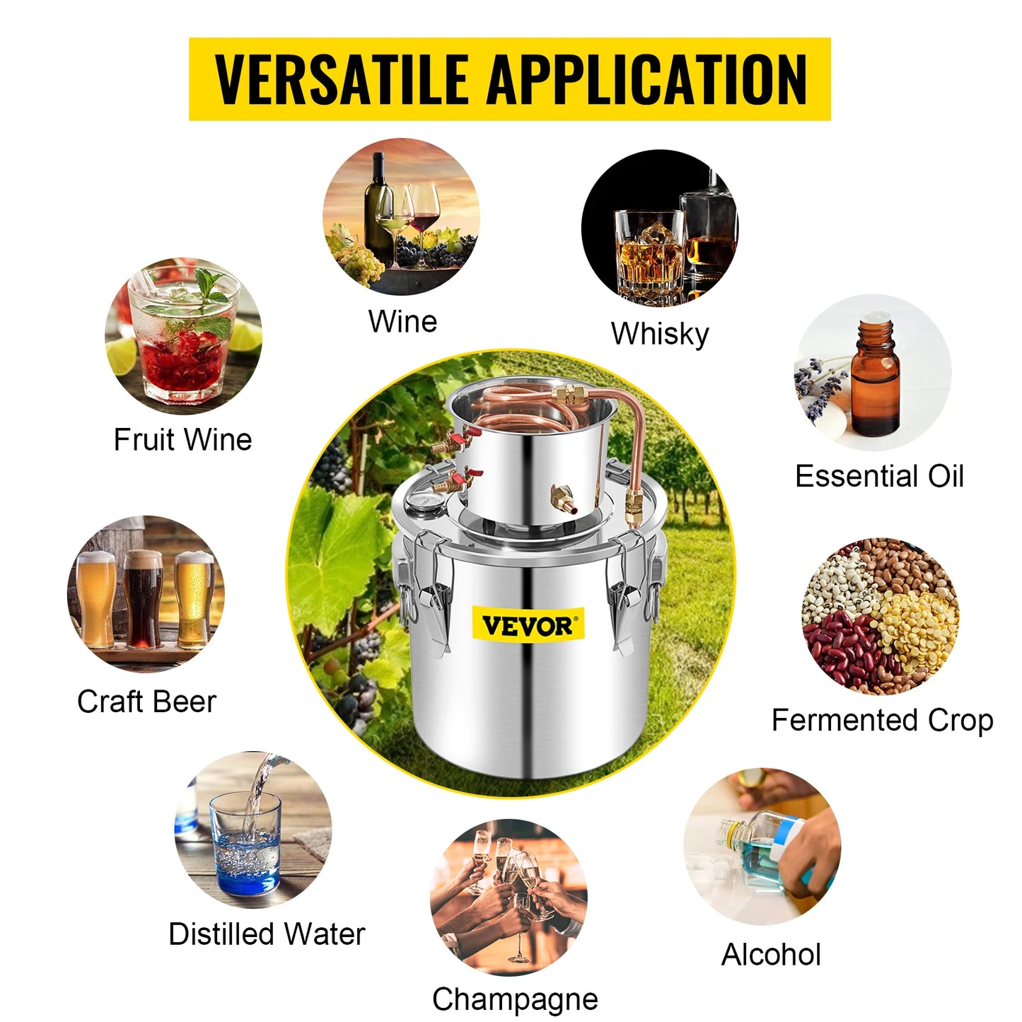 VEVOR-Destilador de Alcohol Moonshine de 50L con bomba de agua, Kit de elaboración de aceite esencial de vino de etanol para elaboración casera de cobre inoxidable