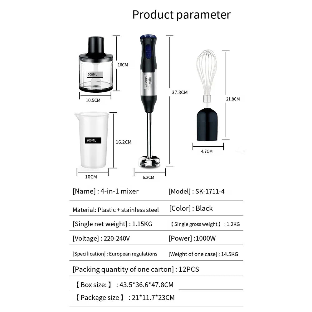 Mezclador multifuncional 4 en 1 de 1000W para cocina, licuadora casera, máquina de cocina para alimentos de bebé, exprimidor manual, picadora de carne, batidor de huevos