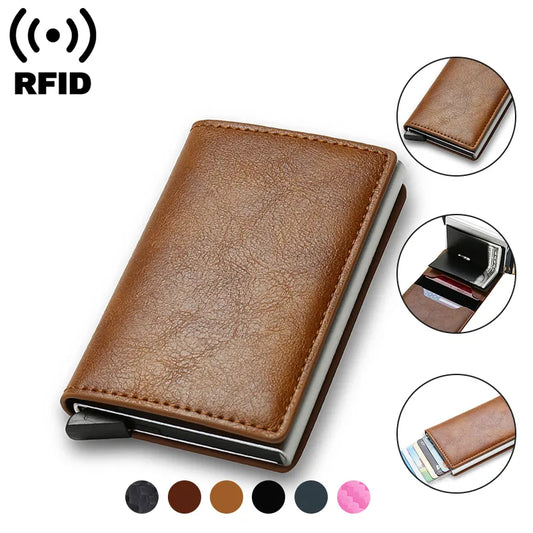 Tarjetero ANTI Rfid para hombre, billeteras, tarjetero bancario, funda pequeña de cuero delgada, Mini billetera mágica inteligente, billetera minimalista